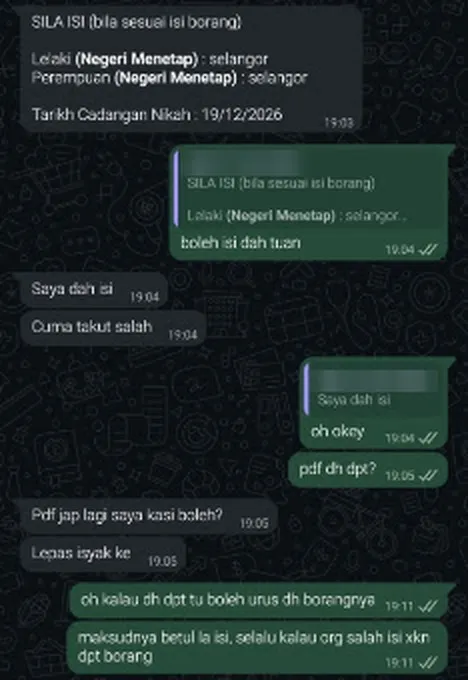 Chat WhatsApp: pemohon memberitahu dia sudah mengisi borang tetapi takut salah. BNO Services bertanya sama ada PDF sudah diperoleh, kemudian menjelaskan: kalau sudah dapat PDF, borang boleh diurus, kerana selalunya kalau salah isi tidak akan dapat borang.